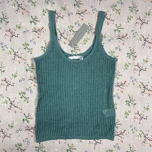 One Grey Day Knitted Scoop Tank Top Green XS Pointelle Stitch Sheer Ribbed Boho